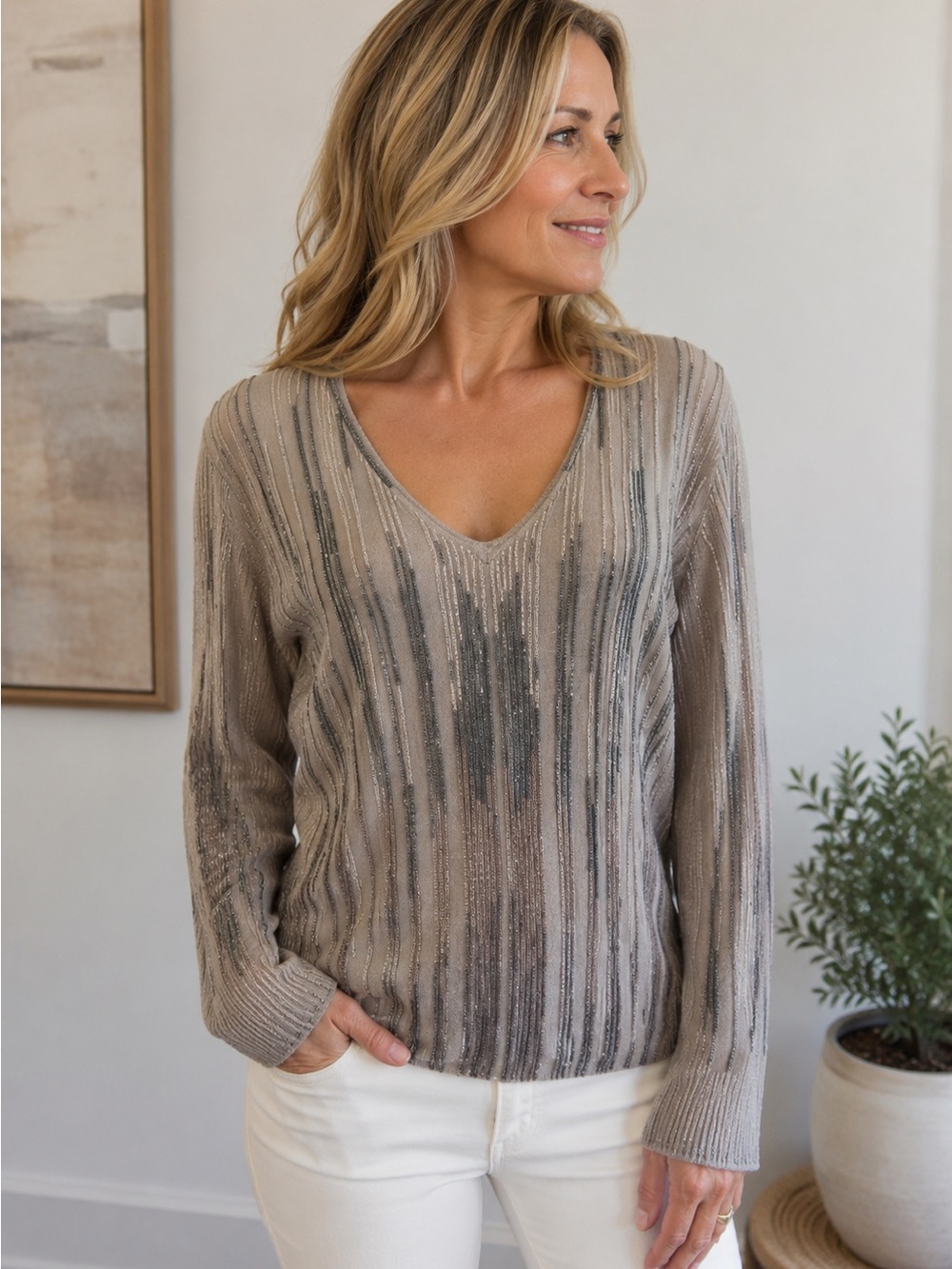 TSE LRG cashmere /spandex blend Beige beaded accents v neck Sweater as is (hole